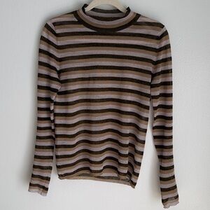 Pari Desai Metallic Raz Striped Long Sleeve Top, Brown and Cream, Medium